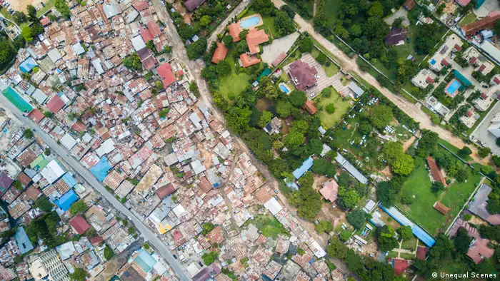Aerial photo of Dar es Salaam, Tanzania, highlighting poor slums next to affluent houses